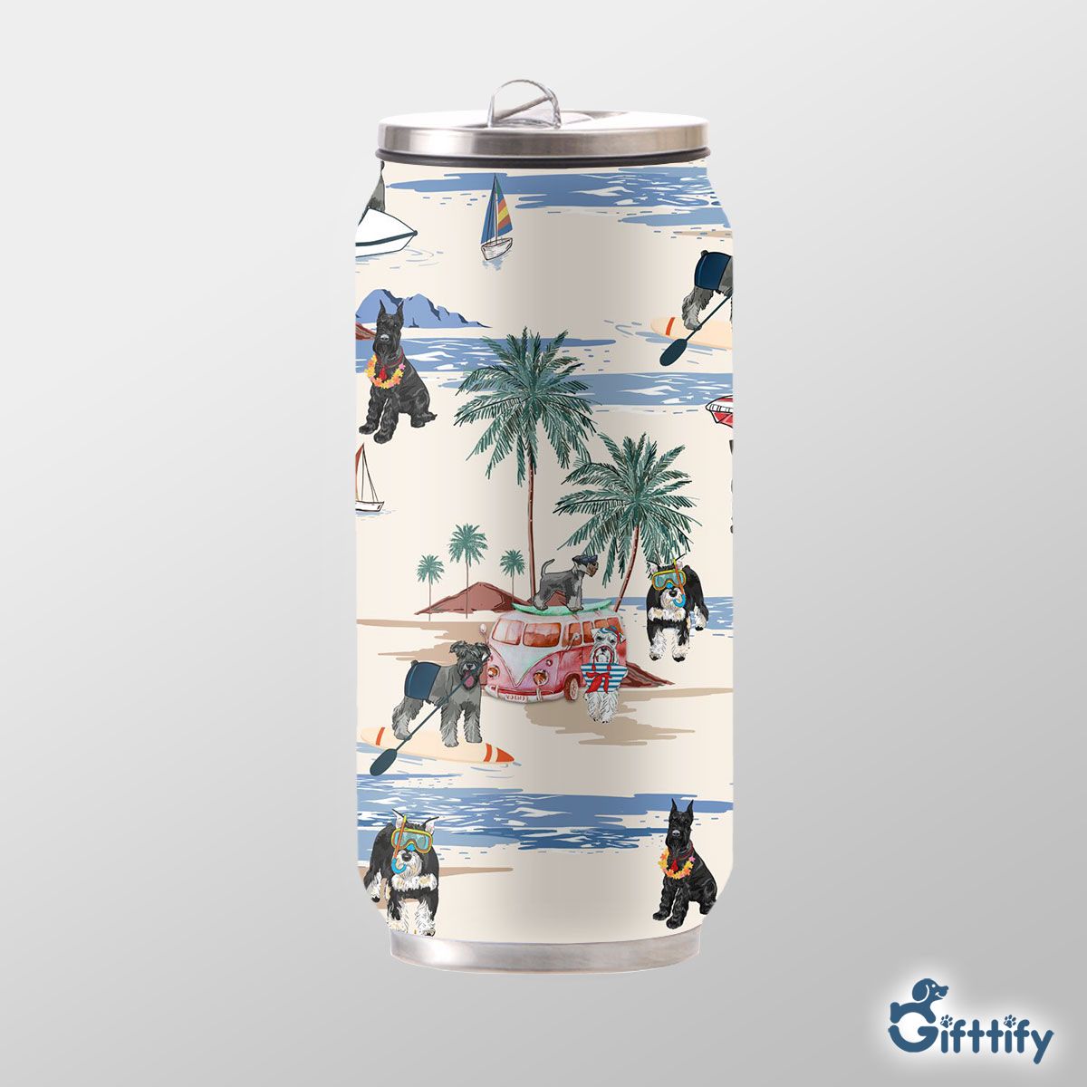 Schnauzer Can Thermos Cup - Dog Beach, Boating, Relaxing, Sunbathing, Snorkeling, Summer Beach Vacation Can Thermos Cup