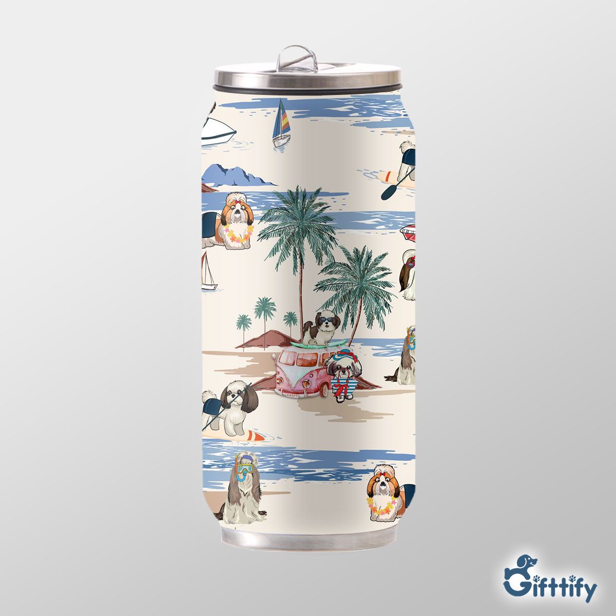 Shih Tzu Can Thermos Cup - Dog Beach, Boating, Relaxing, Sunbathing, Snorkeling, Summer Beach Vacation Can Thermos Cup