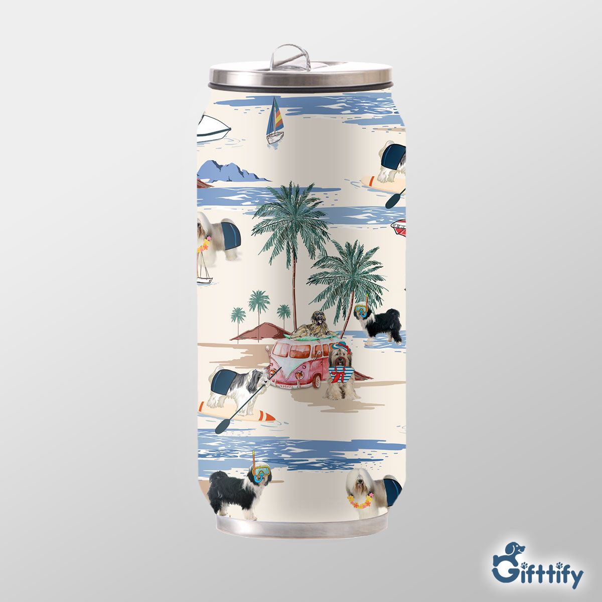 TibetanTerrier Can Thermos Cup - Dog Beach, Boating, Relaxing, Sunbathing, Snorkeling, Summer Beach Vacation Can Thermos Cup