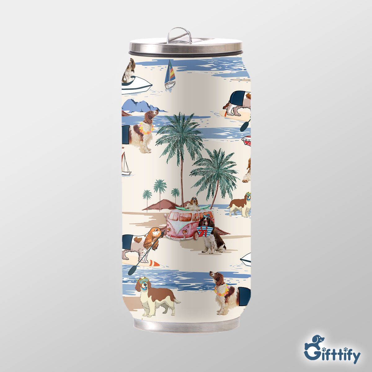 Welsh Springer Spaniel Can Thermos Cup - Dog Beach, Boating, Relaxing, Sunbathing, Snorkeling, Summer Beach Vacation Can Thermos Cup