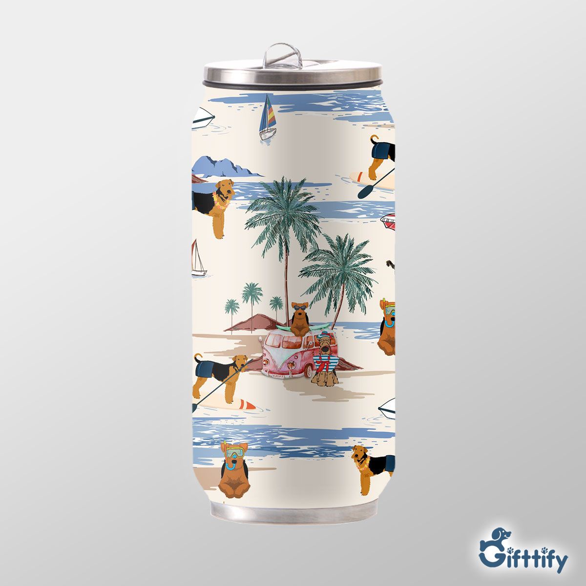 Welsh Terrier Can Thermos Cup - Dog Beach, Boating, Relaxing, Sunbathing, Snorkeling, Summer Beach Vacation Can Thermos Cup