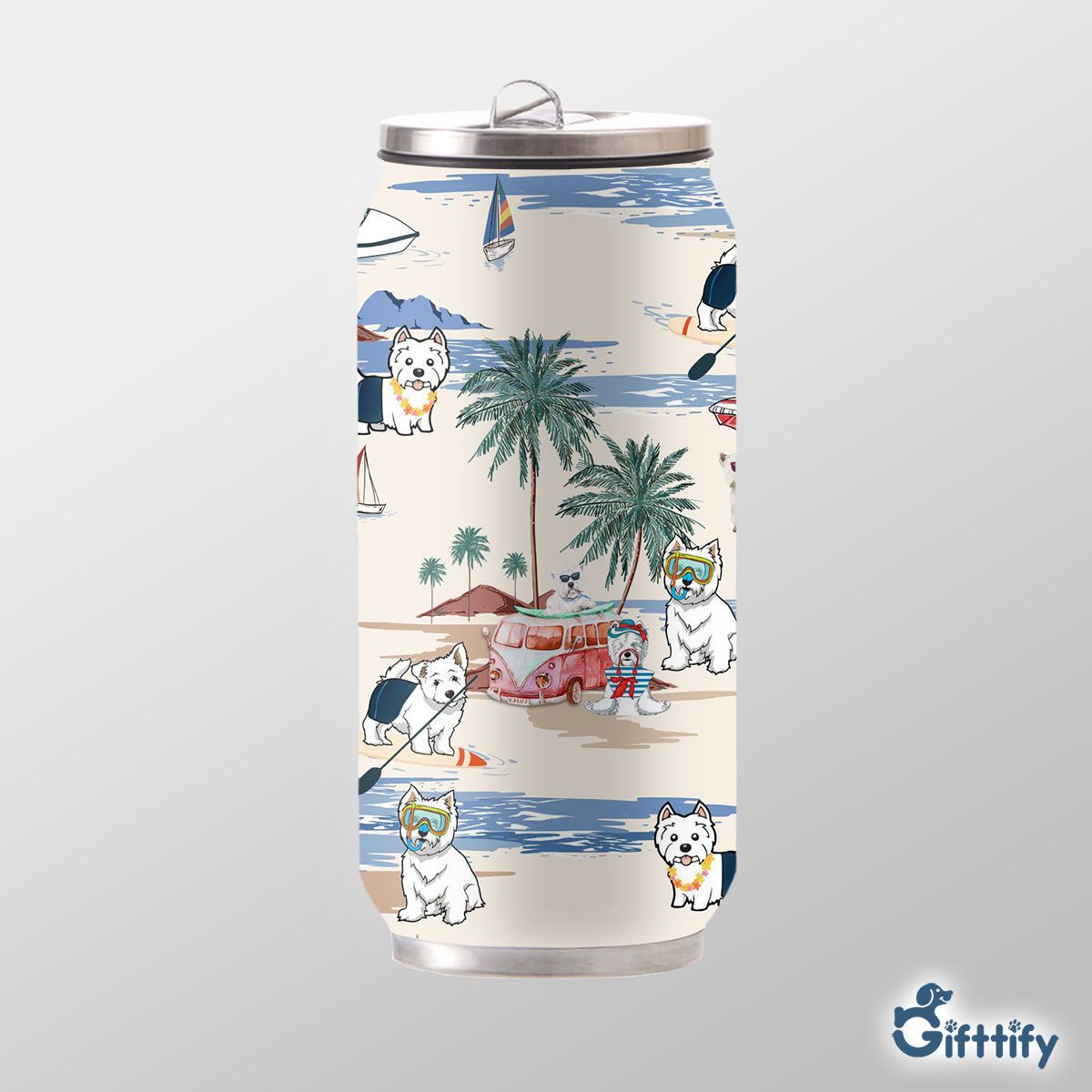 West Highland White Terrier Can Thermos Cup - Dog Beach, Boating, Relaxing, Sunbathing, Snorkeling, Summer Beach Vacation Can Thermos Cup