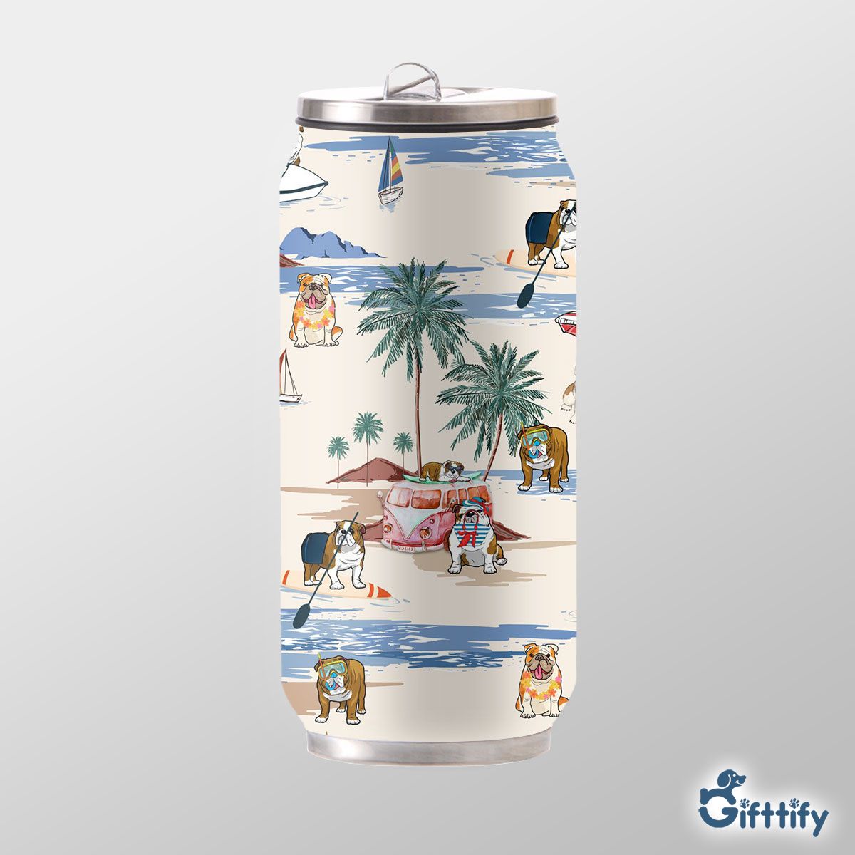 bulldog Can Thermos Cup - Dog Beach, Boating, Relaxing, Sunbathing, Snorkeling, Summer Beach Vacation Can Thermos Cup