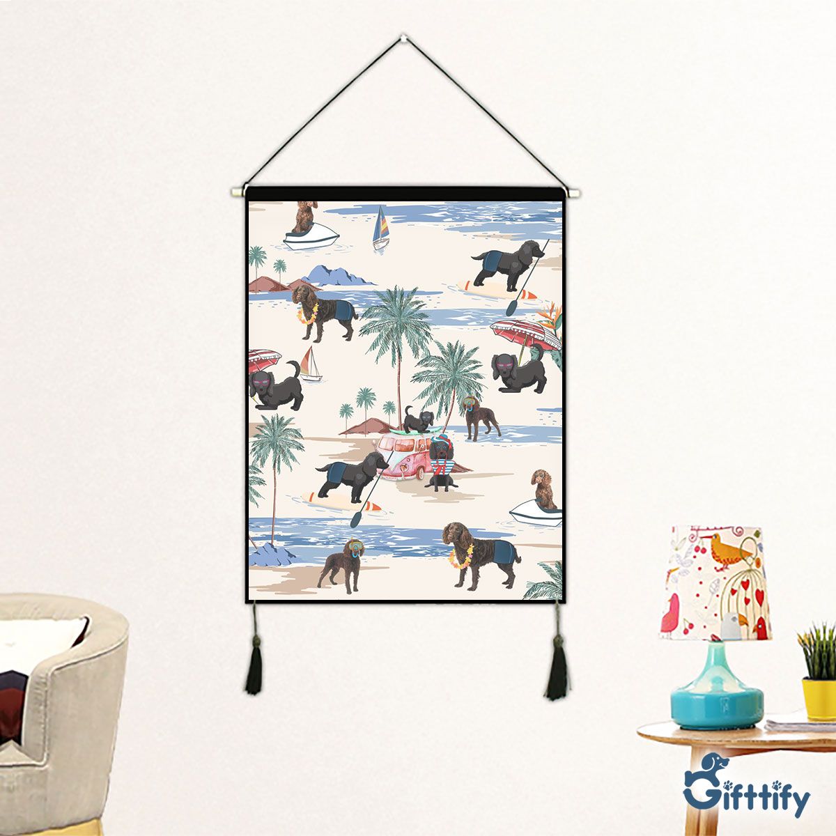 American Water Spaniel Fabric Hanging Picture - Dog Beach, Boating, Relaxing, Sunbathing, Snorkeling, Summer Beach Vacation Fabric Hanging Picture