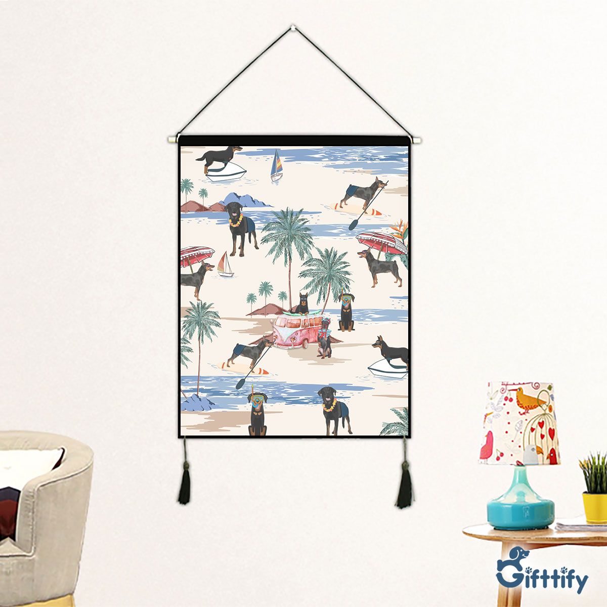 BEAUCERON Fabric Hanging Picture - Dog Beach, Boating, Relaxing, Sunbathing, Snorkeling, Summer Beach Vacation Fabric Hanging Picture