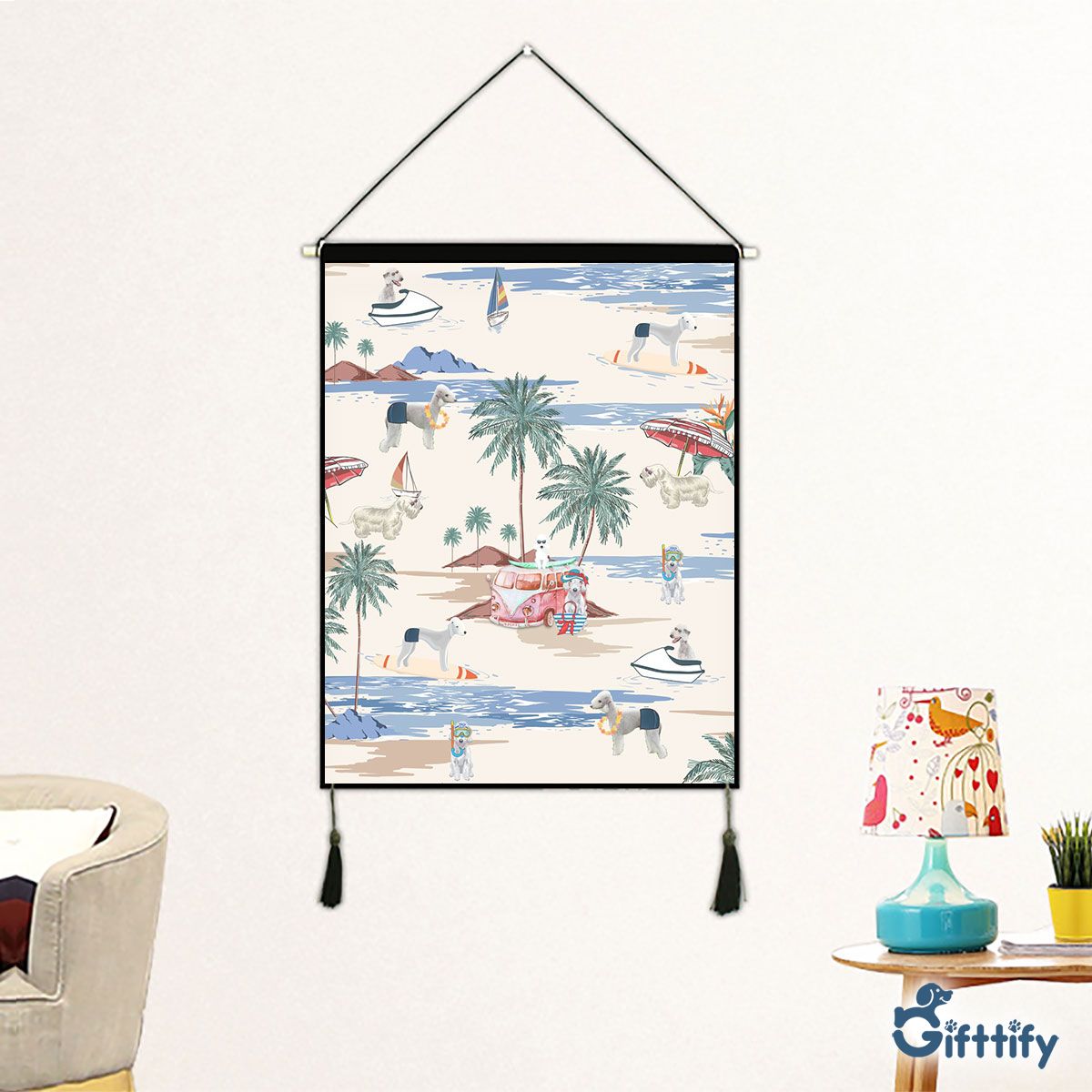 Bedlington Terrier Fabric Hanging Picture - Dog Beach, Boating, Relaxing, Sunbathing, Snorkeling, Summer Beach Vacation Fabric Hanging Picture