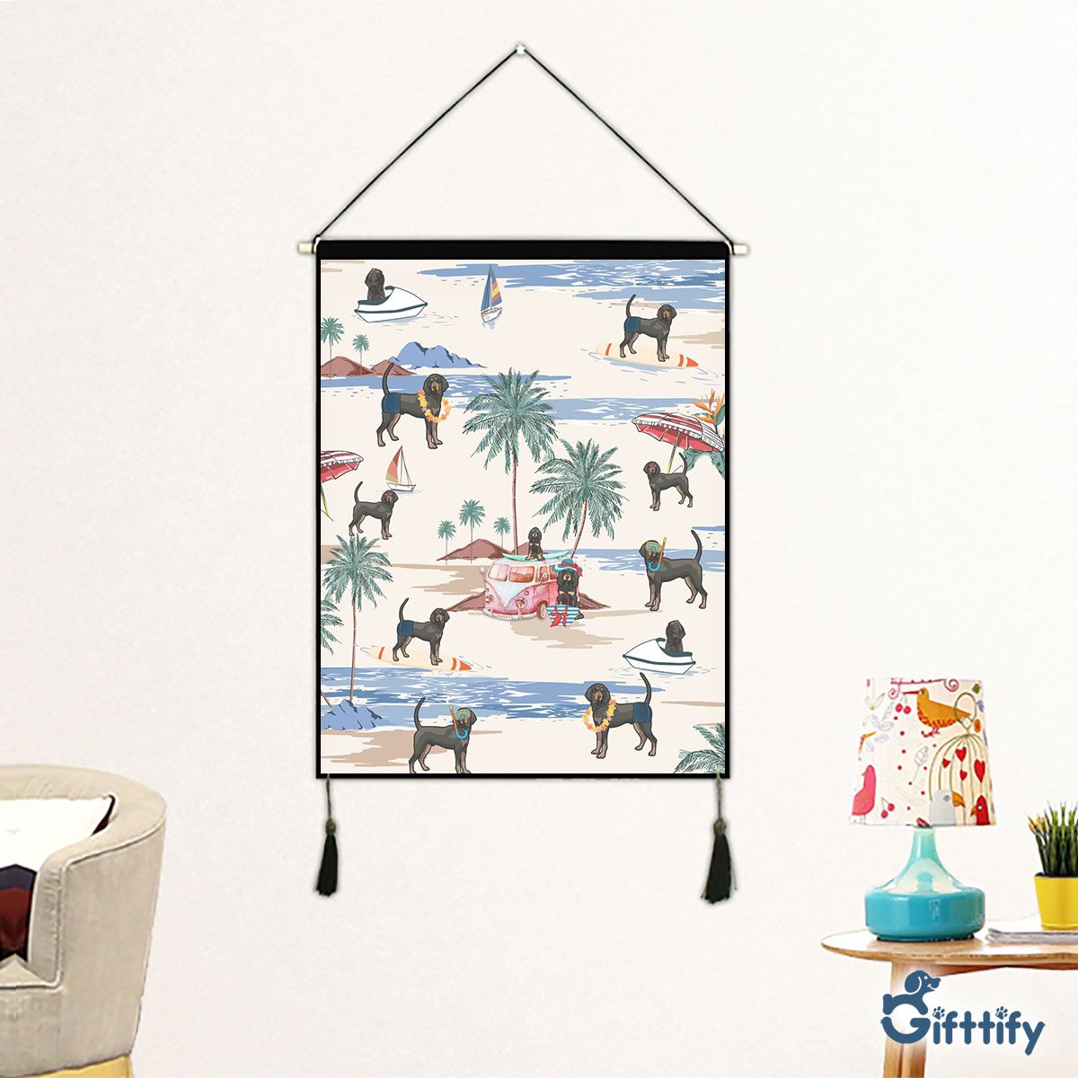 Black and Tan Coonhound Fabric Hanging Picture - Dog Beach, Boating, Relaxing, Sunbathing, Snorkeling, Summer Beach Vacation Fabric Hanging Picture