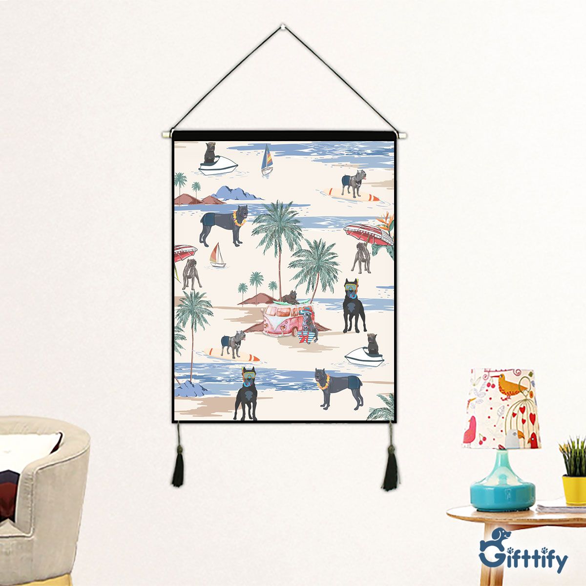 CANE CORSO Fabric Hanging Picture - Dog Beach, Boating, Relaxing, Sunbathing, Snorkeling, Summer Beach Vacation Fabric Hanging Picture