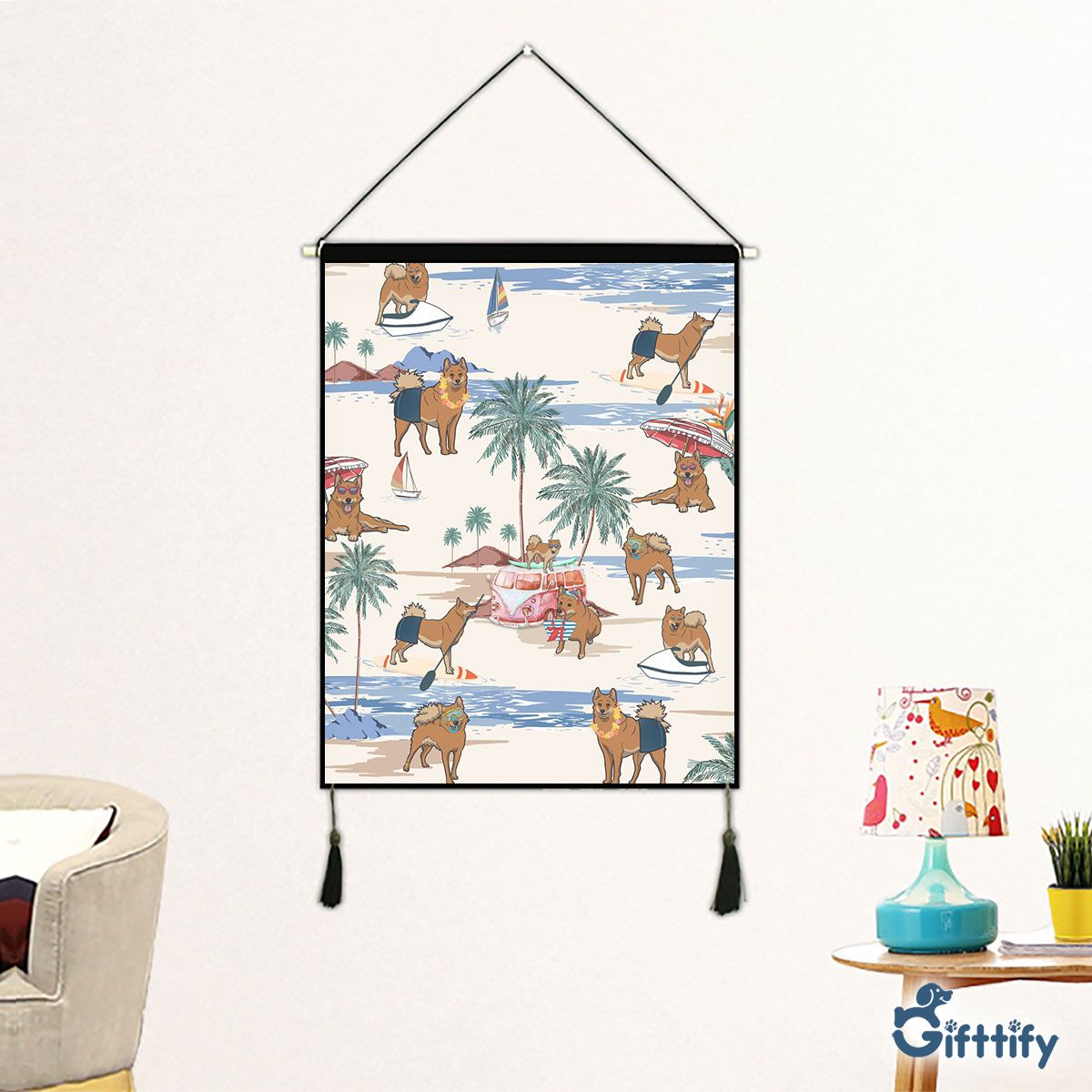 Finnish Spitz Fabric Hanging Picture - Dog Beach, Boating, Relaxing, Sunbathing, Snorkeling, Summer Beach Vacation Fabric Hanging Picture