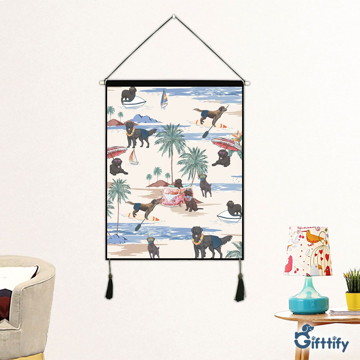 Flat Coated Retriever Fabric Hanging Picture - Dog Beach, Boating, Relaxing, Sunbathing, Snorkeling, Summer Beach Vacation Fabric Hanging Picture