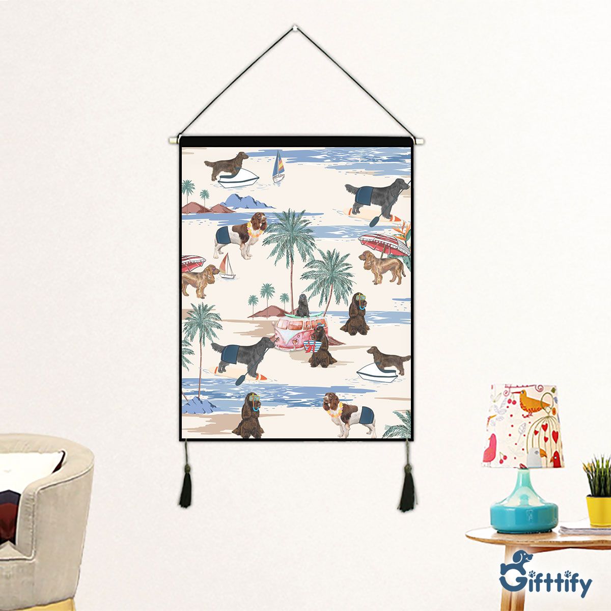 French Spaniel Fabric Hanging Picture - Dog Beach, Boating, Relaxing, Sunbathing, Snorkeling, Summer Beach Vacation Fabric Hanging Picture