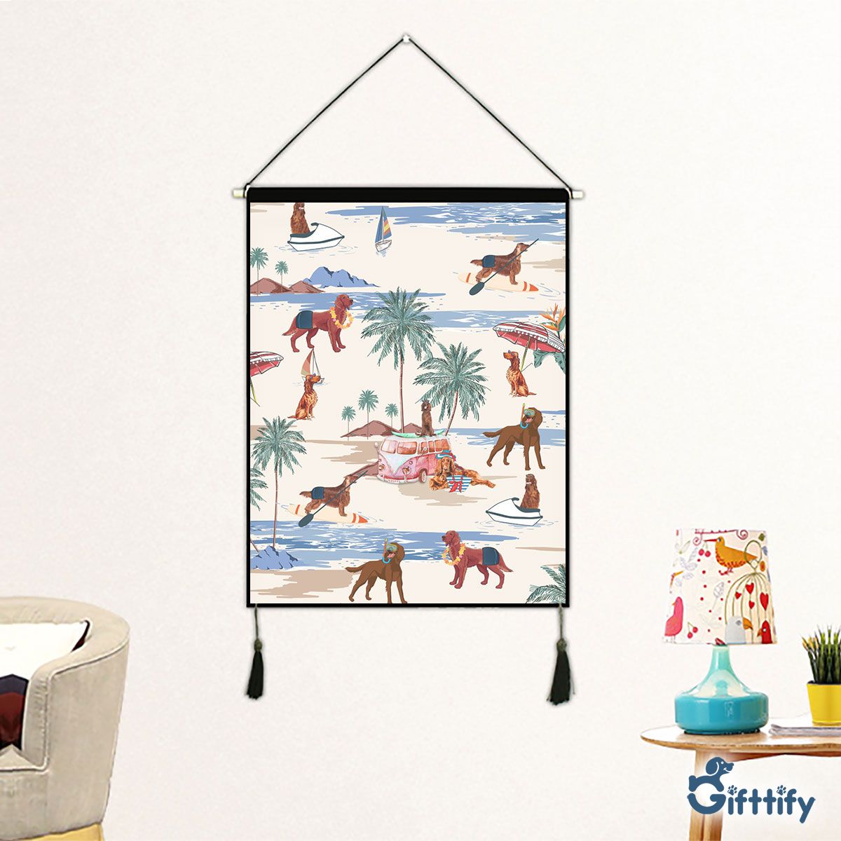 Irish Setter Fabric Hanging Picture - Dog Beach, Boating, Relaxing, Sunbathing, Snorkeling, Summer Beach Vacation Fabric Hanging Picture