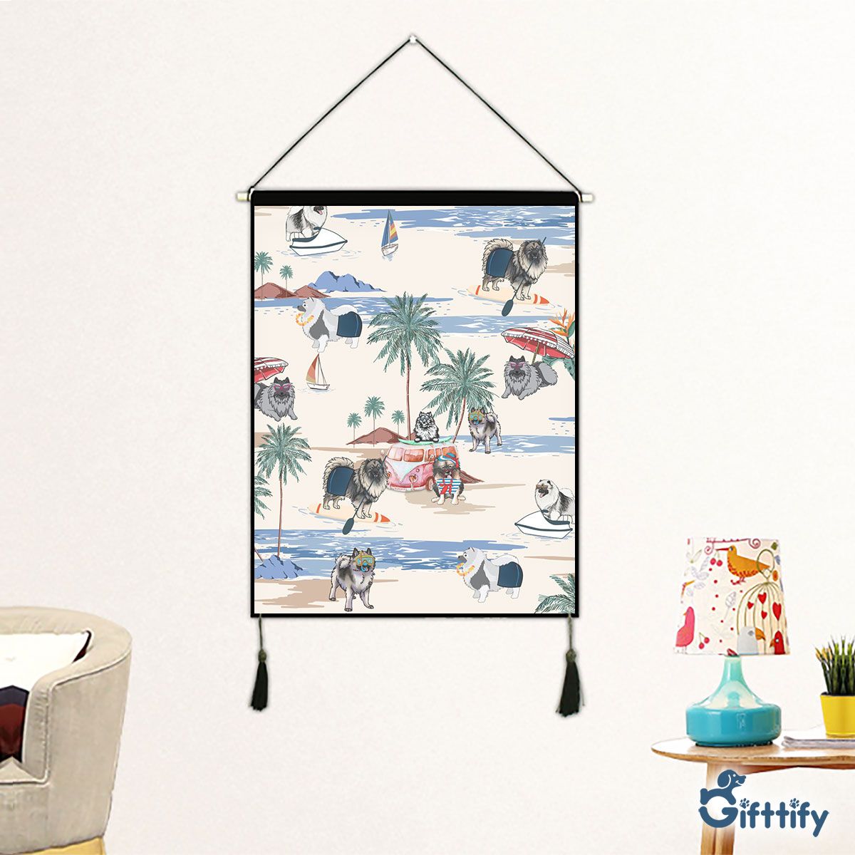 Keeshond Fabric Hanging Picture - Dog Beach, Boating, Relaxing, Sunbathing, Snorkeling, Summer Beach Vacation Fabric Hanging Picture