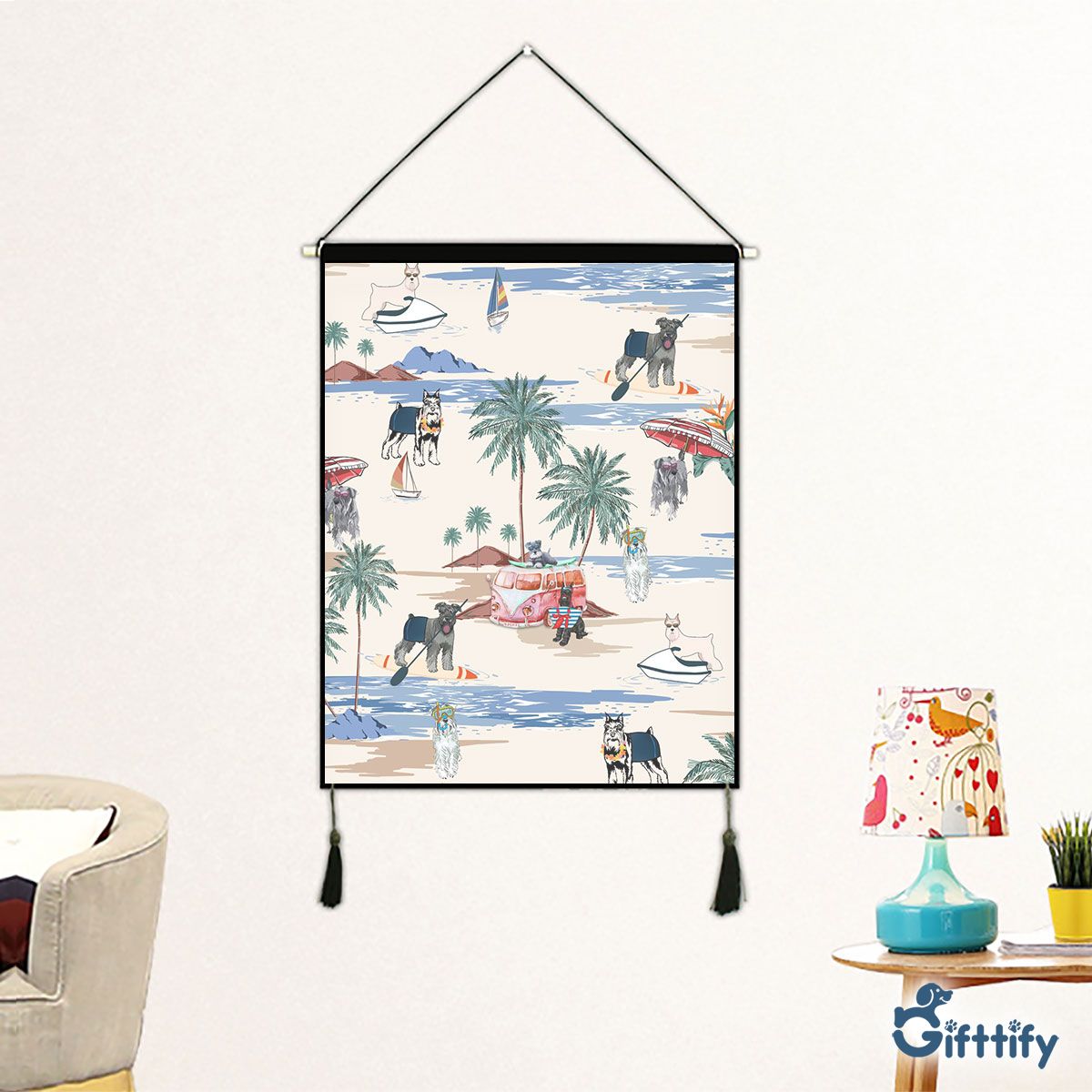 Miniature Schnauzer Fabric Hanging Picture - Dog Beach, Boating, Relaxing, Sunbathing, Snorkeling, Summer Beach Vacation Fabric Hanging Picture