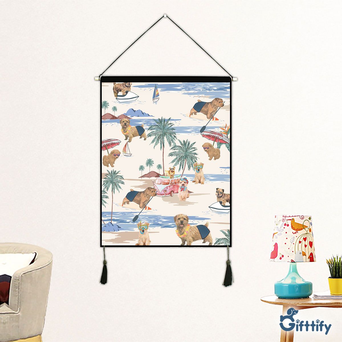 Norfolk Terrier Fabric Hanging Picture - Dog Beach, Boating, Relaxing, Sunbathing, Snorkeling, Summer Beach Vacation Fabric Hanging Picture