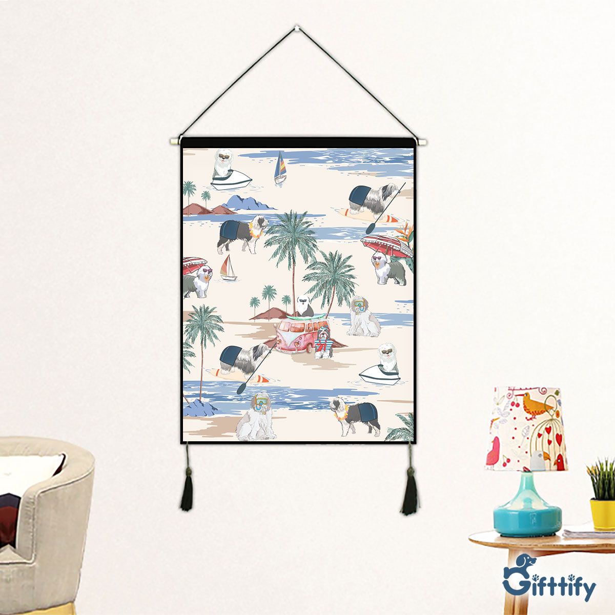 Old English Sheepdog Fabric Hanging Picture - Dog Beach, Boating, Relaxing, Sunbathing, Snorkeling, Summer Beach Vacation Fabric Hanging Picture