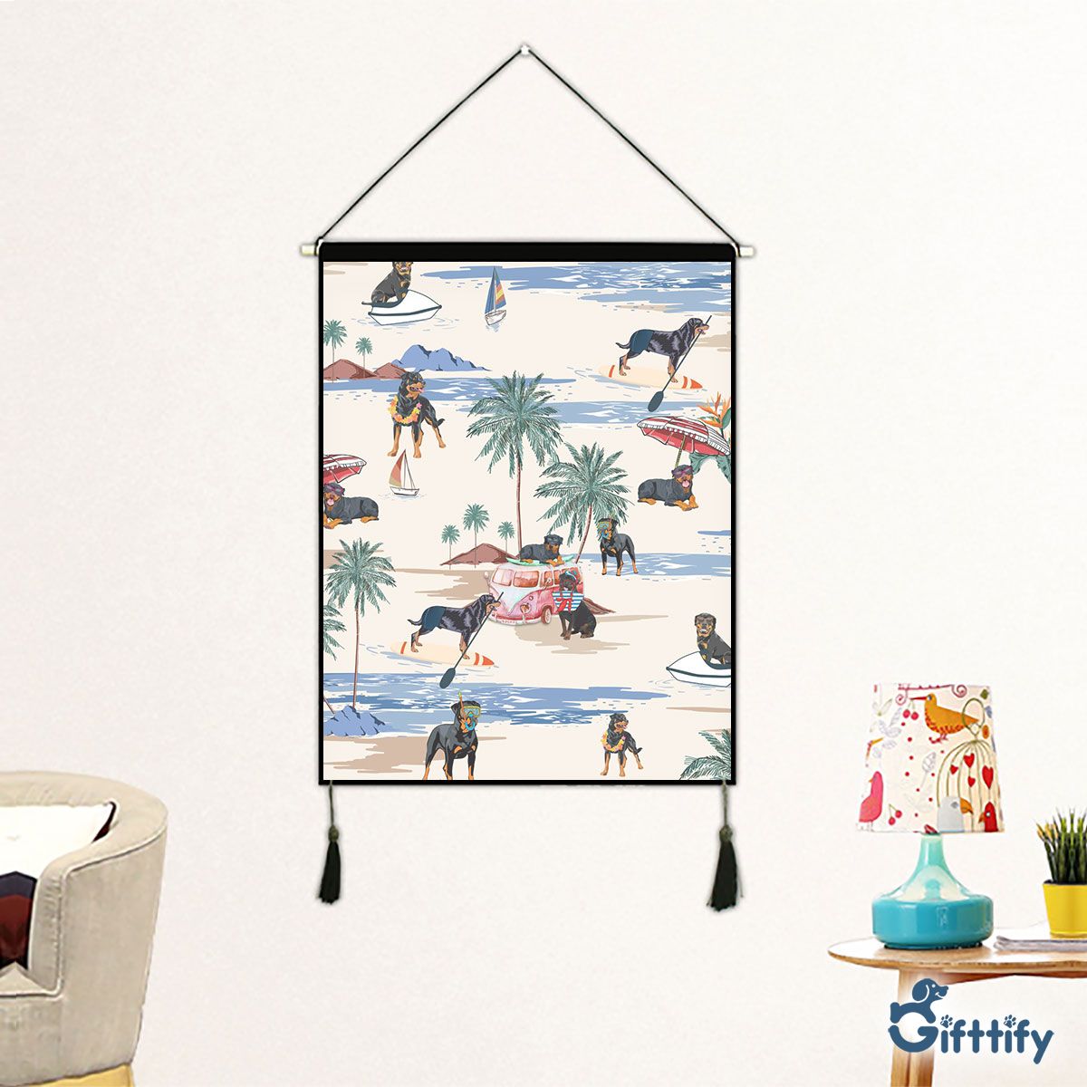 ROTTWEILER Fabric Hanging Picture - Dog Beach, Boating, Relaxing, Sunbathing, Snorkeling, Summer Beach Vacation Fabric Hanging Picture