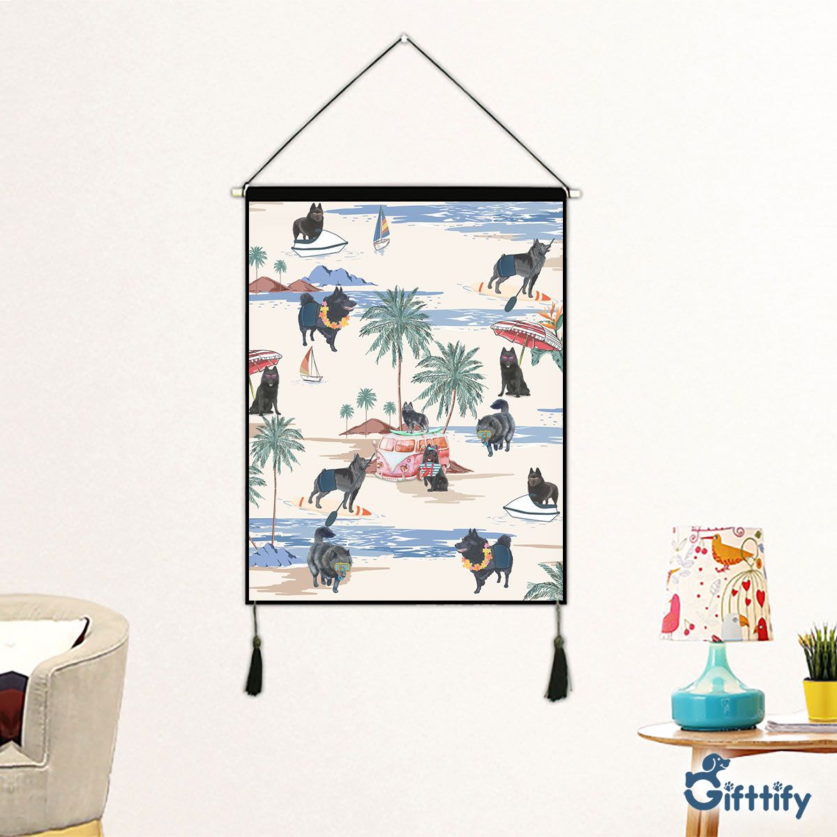 Schipperke Fabric Hanging Picture - Dog Beach, Boating, Relaxing, Sunbathing, Snorkeling, Summer Beach Vacation Fabric Hanging Picture