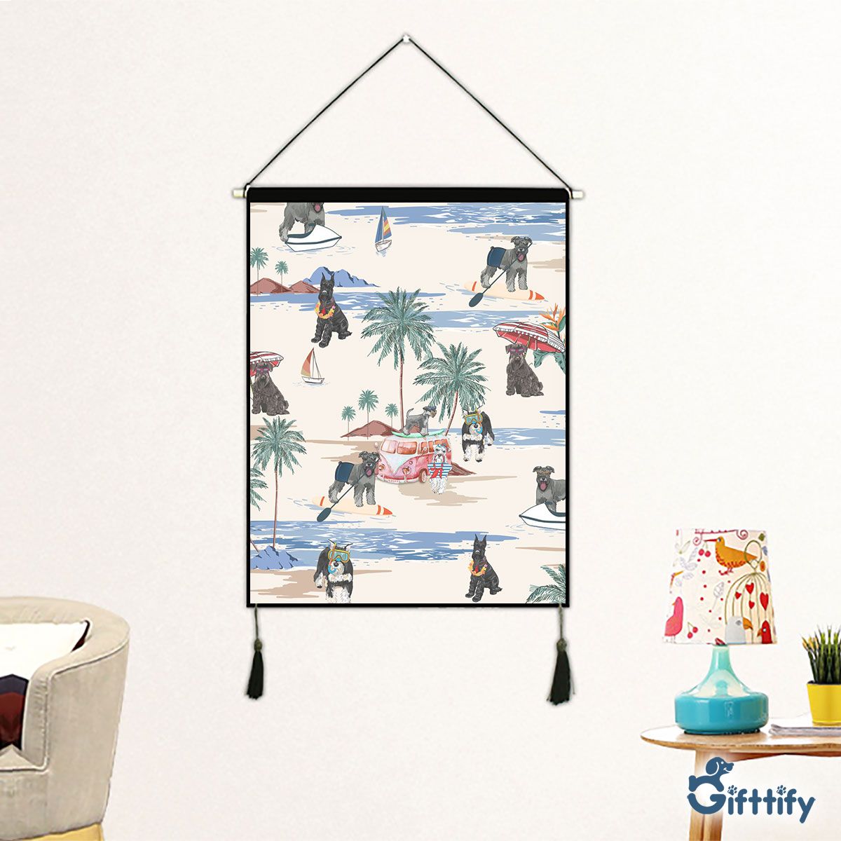 Schnauzer Fabric Hanging Picture - Dog Beach, Boating, Relaxing, Sunbathing, Snorkeling, Summer Beach Vacation Fabric Hanging Picture