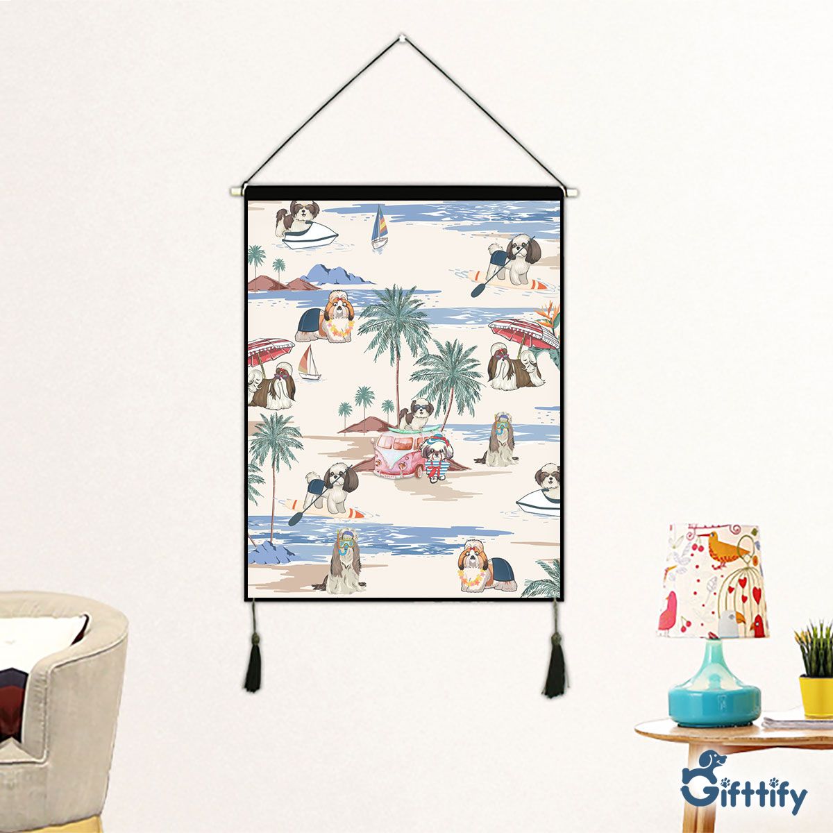 Shih Tzu Fabric Hanging Picture - Dog Beach, Boating, Relaxing, Sunbathing, Snorkeling, Summer Beach Vacation Fabric Hanging Picture