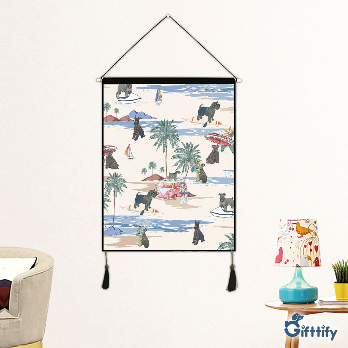 Standard Schnauzer Fabric Hanging Picture - Dog Beach, Boating, Relaxing, Sunbathing, Snorkeling, Summer Beach Vacation Fabric Hanging Picture