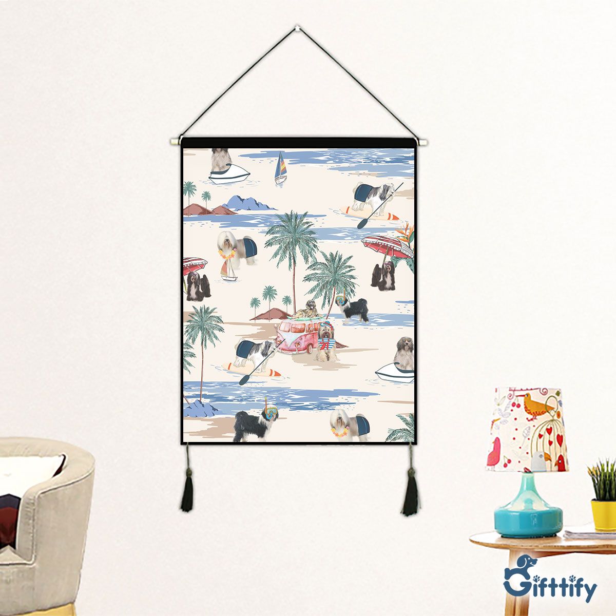 TibetanTerrier Fabric Hanging Picture - Dog Beach, Boating, Relaxing, Sunbathing, Snorkeling, Summer Beach Vacation Fabric Hanging Picture