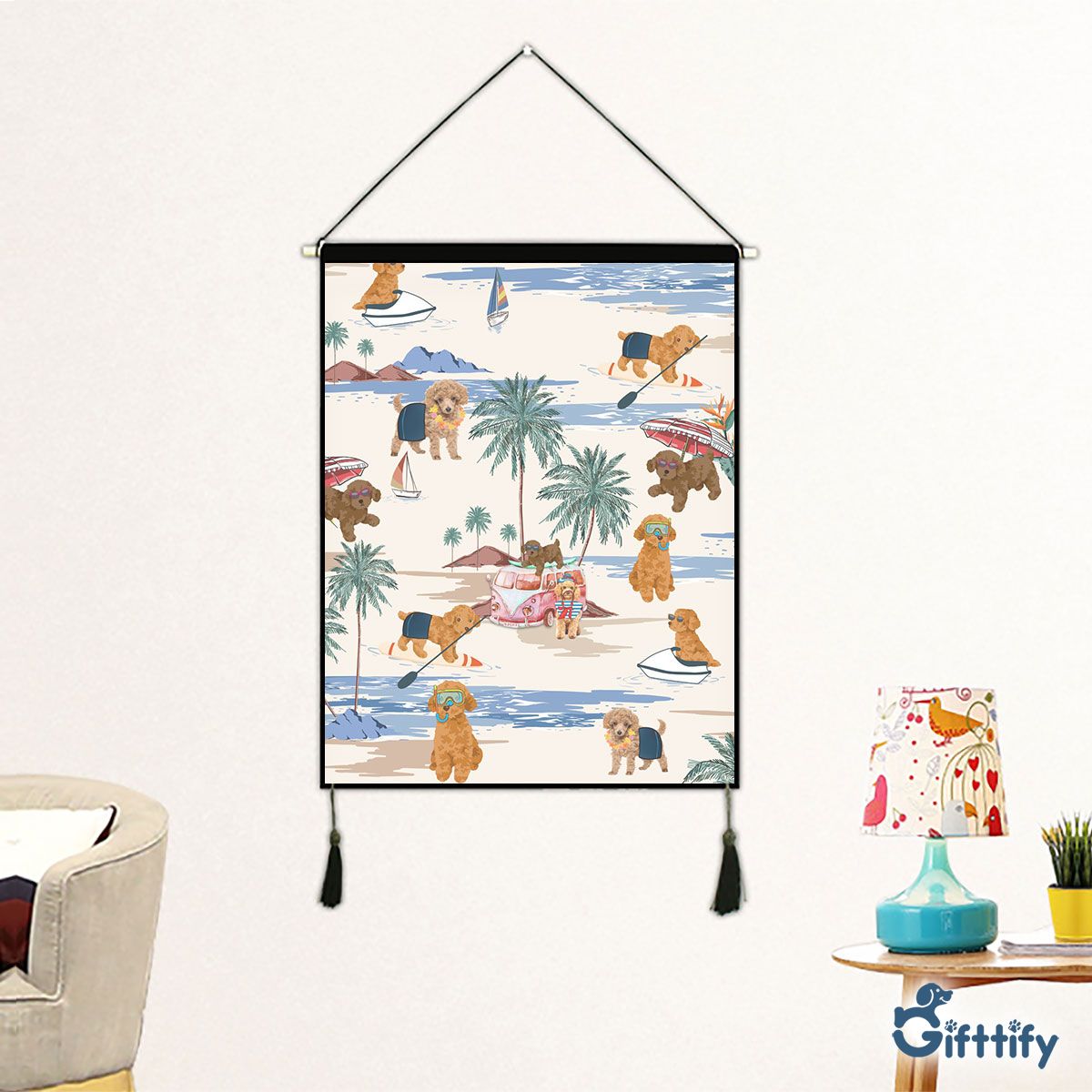 Toy Poodle Fabric Hanging Picture - Dog Beach, Boating, Relaxing, Sunbathing, Snorkeling, Summer Beach Vacation Fabric Hanging Picture