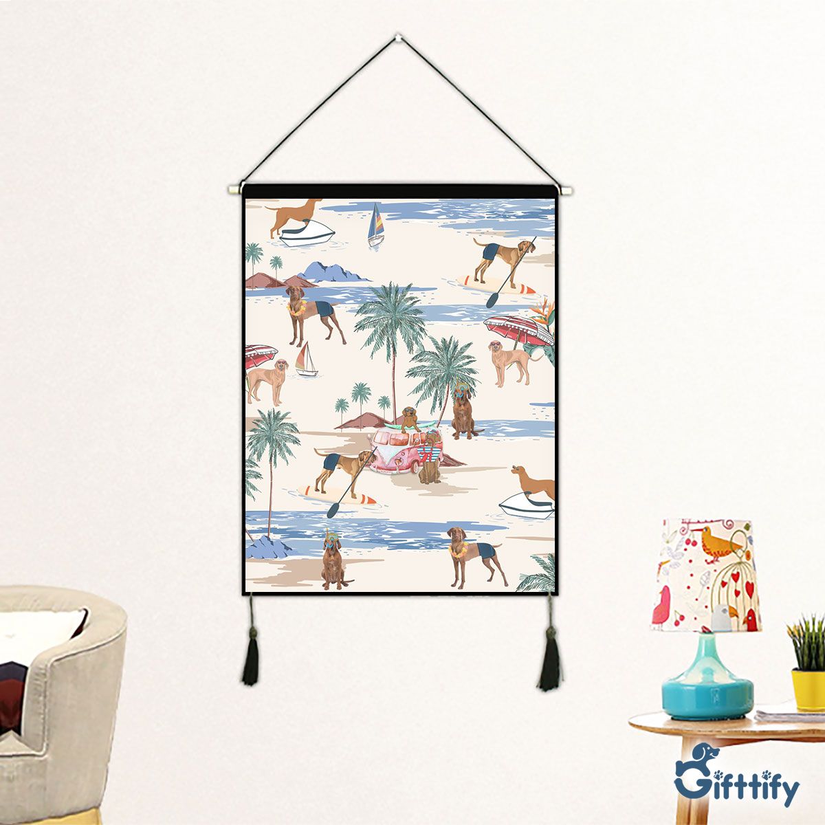 Vizsla Fabric Hanging Picture - Dog Beach, Boating, Relaxing, Sunbathing, Snorkeling, Summer Beach Vacation Fabric Hanging Picture