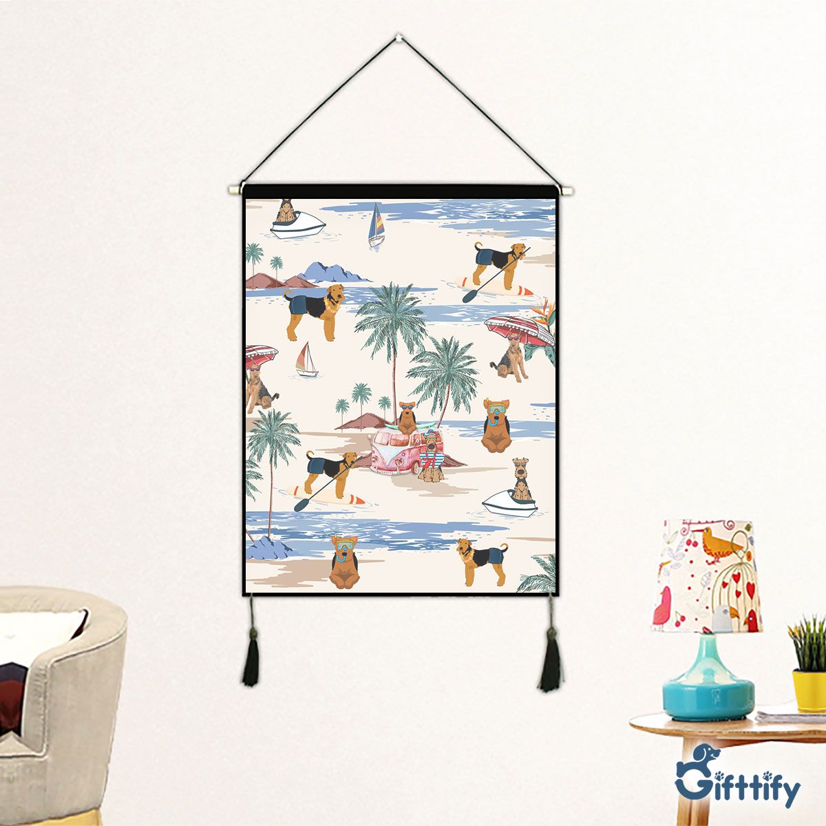 Welsh Terrier Fabric Hanging Picture - Dog Beach, Boating, Relaxing, Sunbathing, Snorkeling, Summer Beach Vacation Fabric Hanging Picture