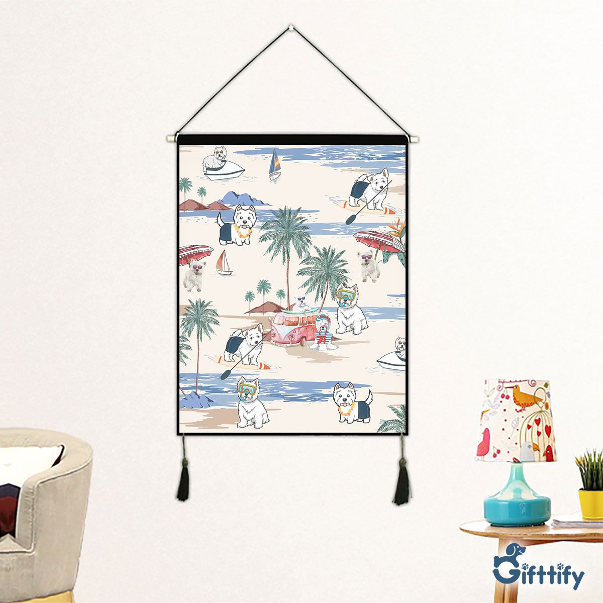 West Highland White Terrier Fabric Hanging Picture - Dog Beach, Boating, Relaxing, Sunbathing, Snorkeling, Summer Beach Vacation Fabric Hanging Picture