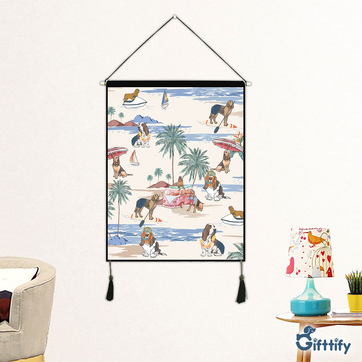 bloodhound Fabric Hanging Picture - Dog Beach, Boating, Relaxing, Sunbathing, Snorkeling, Summer Beach Vacation Fabric Hanging Picture