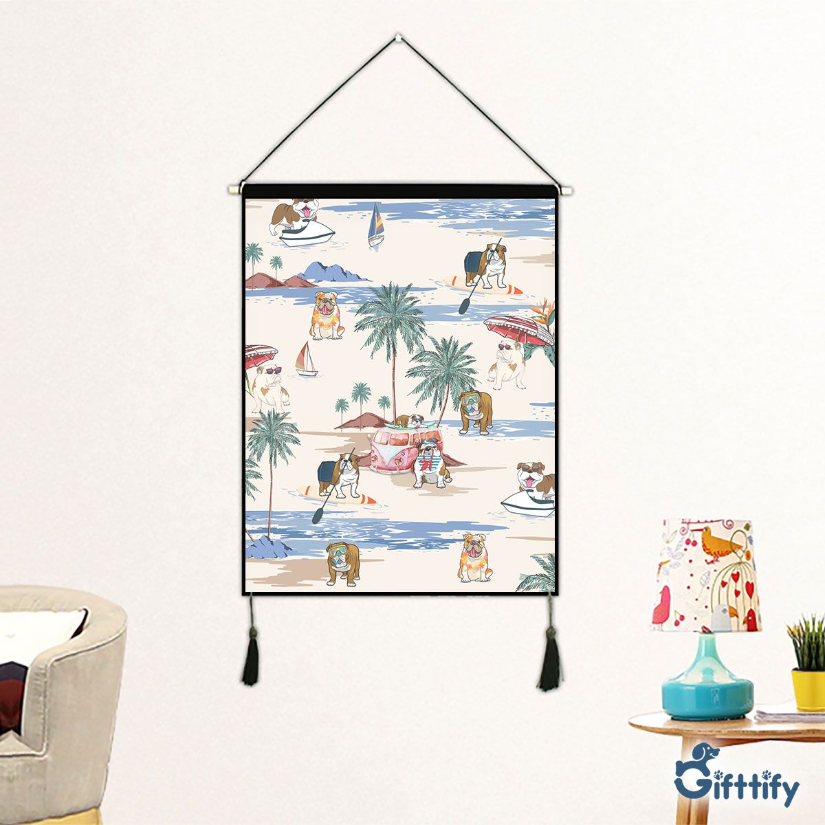 bulldog Fabric Hanging Picture - Dog Beach, Boating, Relaxing, Sunbathing, Snorkeling, Summer Beach Vacation Fabric Hanging Picture