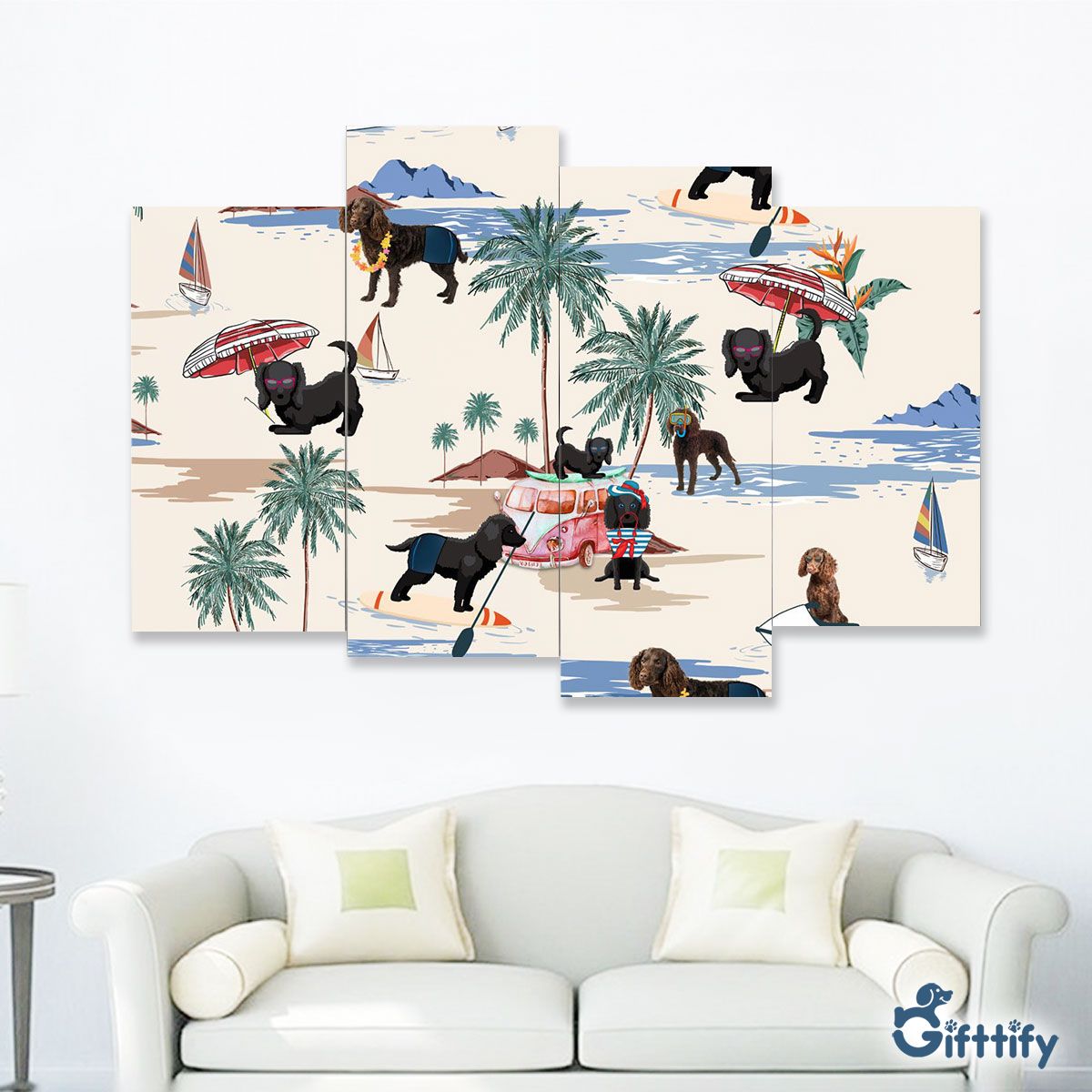 American Water Spaniel Four-Piece Framed Mural - Dog Beach, Boating, Relaxing, Sunbathing, Snorkeling, Summer Beach Vacation Four-Piece Framed Mural