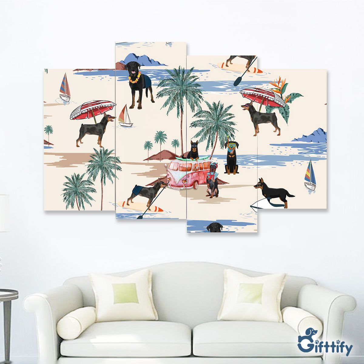 BEAUCERON Four-Piece Framed Mural - Dog Beach, Boating, Relaxing, Sunbathing, Snorkeling, Summer Beach Vacation Four-Piece Framed Mural