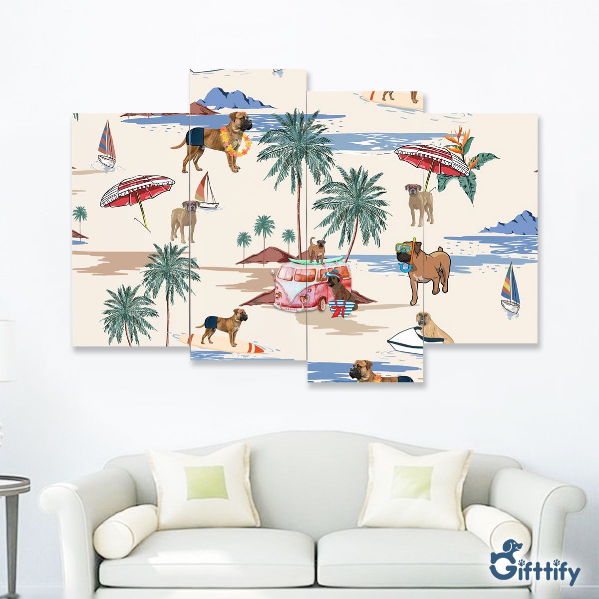 Boerboel Four-Piece Framed Mural - Dog Beach, Boating, Relaxing, Sunbathing, Snorkeling, Summer Beach Vacation Four-Piece Framed Mural