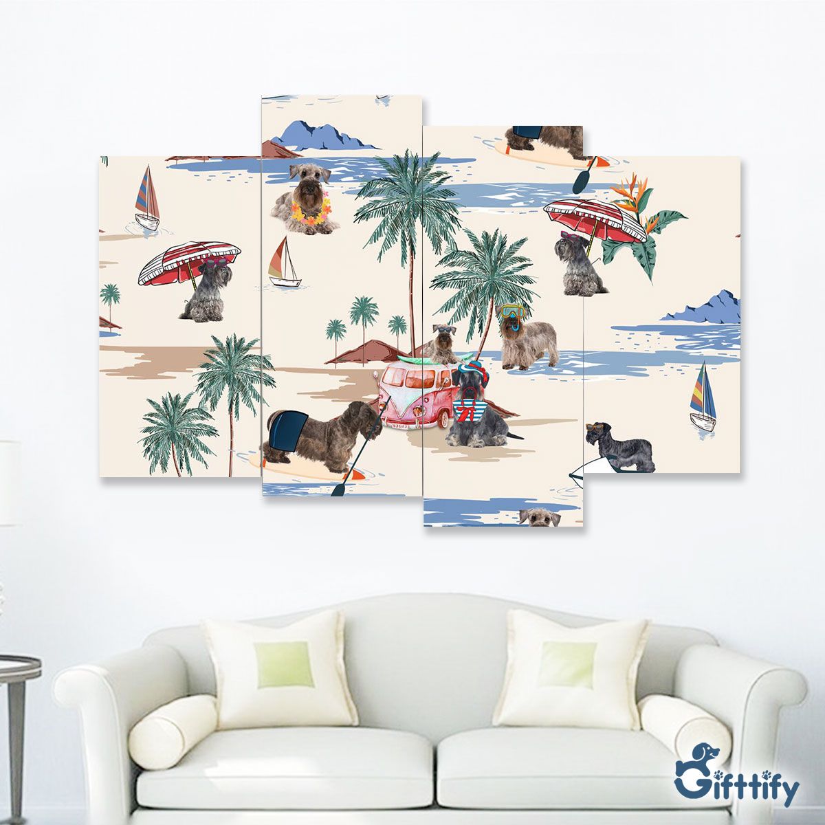 Cesky Terrier Four-Piece Framed Mural - Dog Beach, Boating, Relaxing, Sunbathing, Snorkeling, Summer Beach Vacation Four-Piece Framed Mural