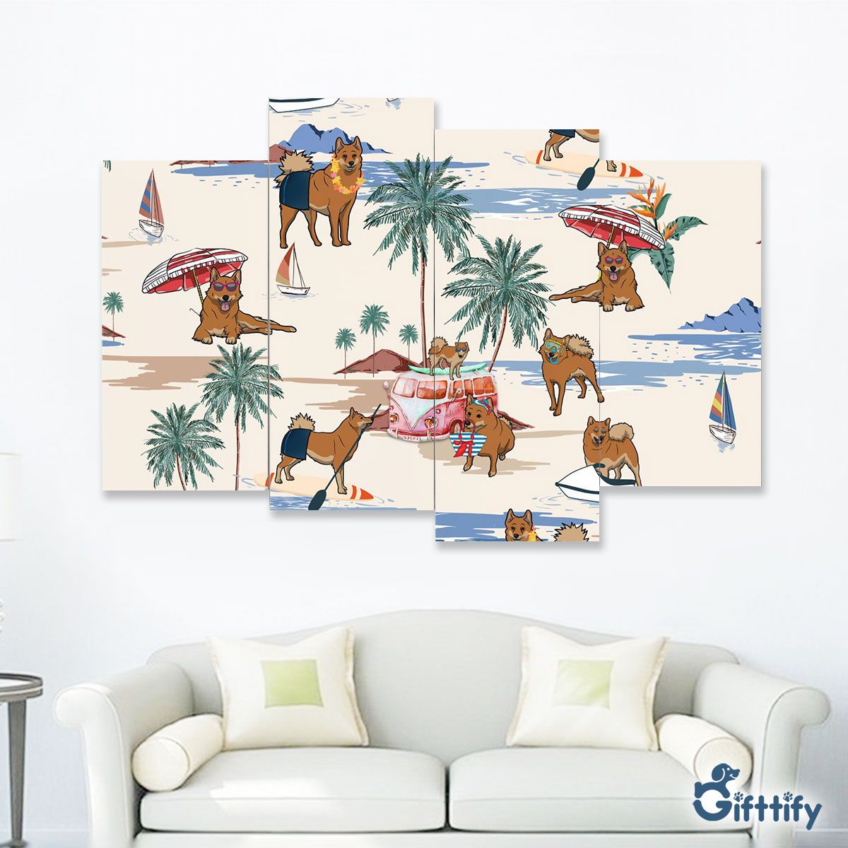 Finnish Spitz Four-Piece Framed Mural - Dog Beach, Boating, Relaxing, Sunbathing, Snorkeling, Summer Beach Vacation Four-Piece Framed Mural