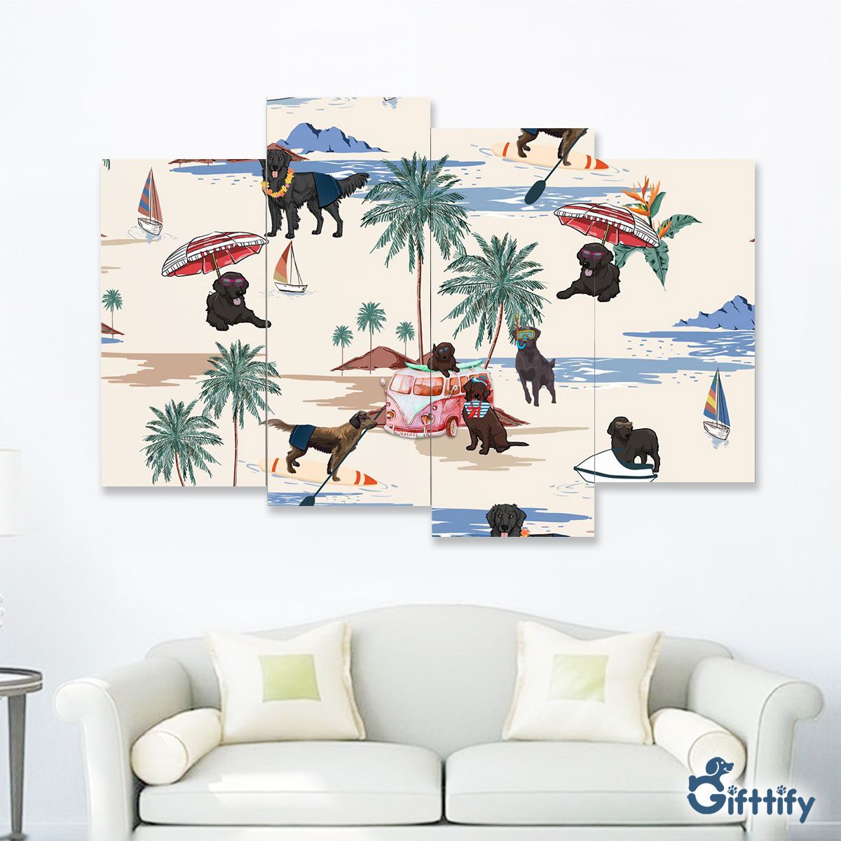 Flat Coated Retriever Four-Piece Framed Mural - Dog Beach, Boating, Relaxing, Sunbathing, Snorkeling, Summer Beach Vacation Four-Piece Framed Mural