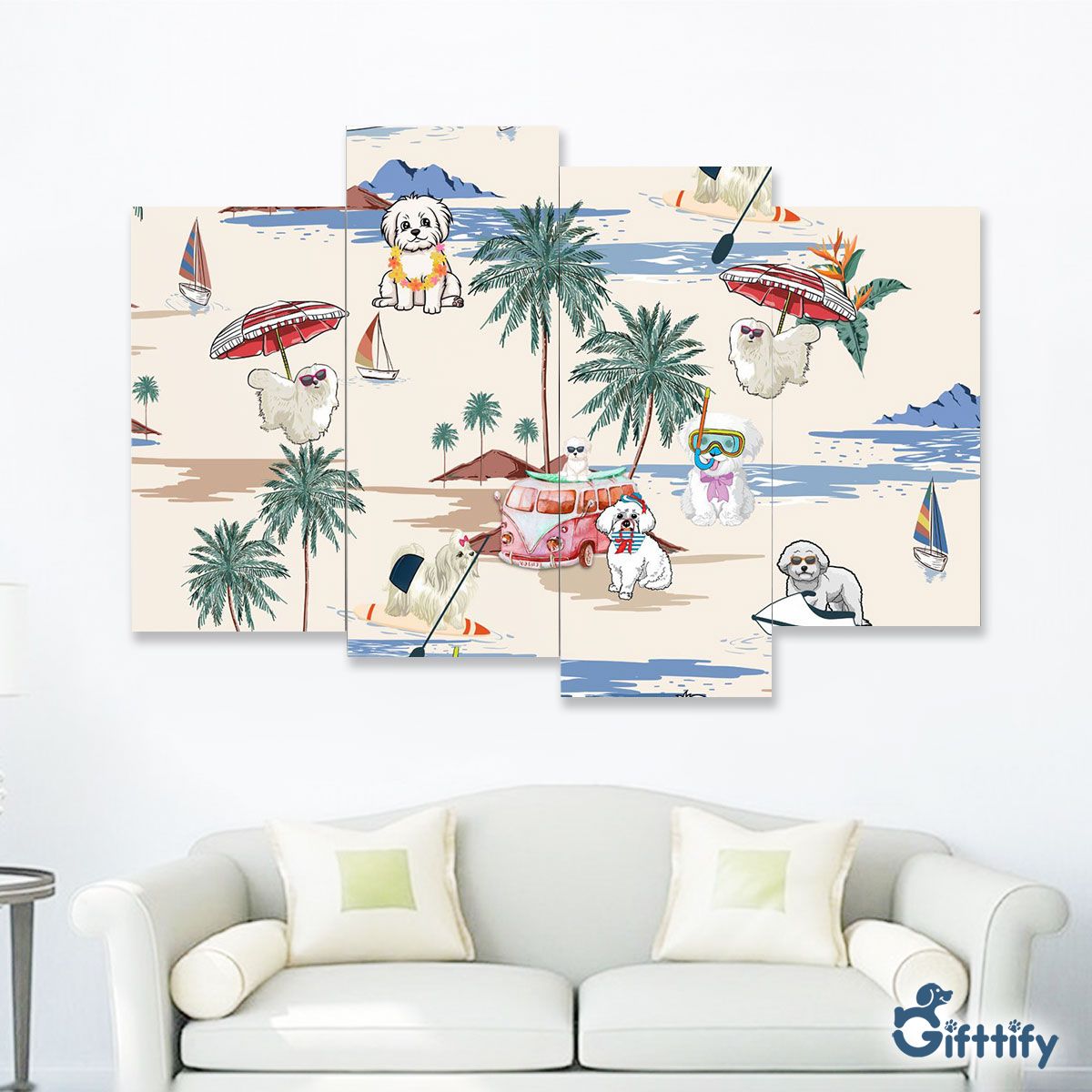 Maltese Four-Piece Framed Mural - Dog Beach, Boating, Relaxing, Sunbathing, Snorkeling, Summer Beach Vacation Four-Piece Framed Mural