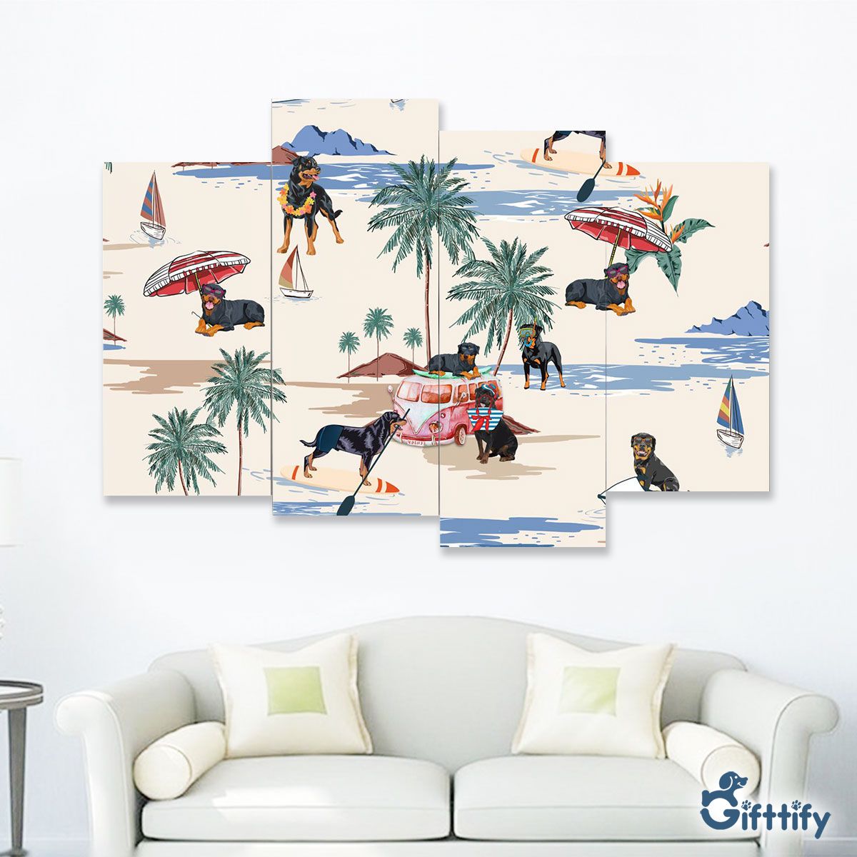 ROTTWEILER Four-Piece Framed Mural - Dog Beach, Boating, Relaxing, Sunbathing, Snorkeling, Summer Beach Vacation Four-Piece Framed Mural