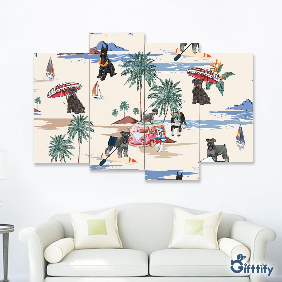 Schnauzer Four-Piece Framed Mural - Dog Beach, Boating, Relaxing, Sunbathing, Snorkeling, Summer Beach Vacation Four-Piece Framed Mural