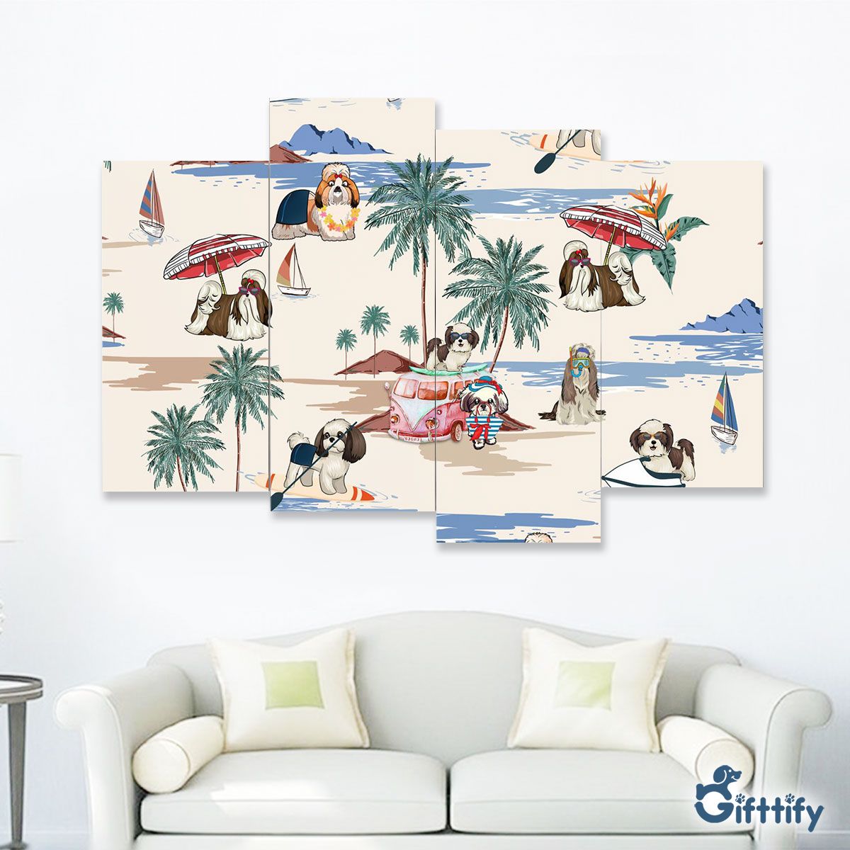 Shih Tzu Four-Piece Framed Mural - Dog Beach, Boating, Relaxing, Sunbathing, Snorkeling, Summer Beach Vacation Four-Piece Framed Mural