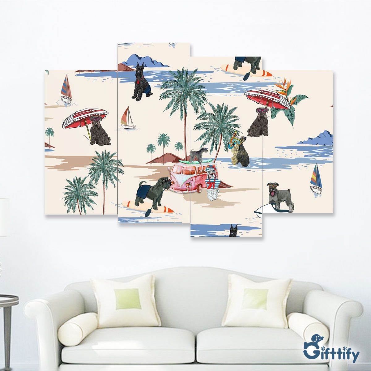 Standard Schnauzer Four-Piece Framed Mural - Dog Beach, Boating, Relaxing, Sunbathing, Snorkeling, Summer Beach Vacation Four-Piece Framed Mural