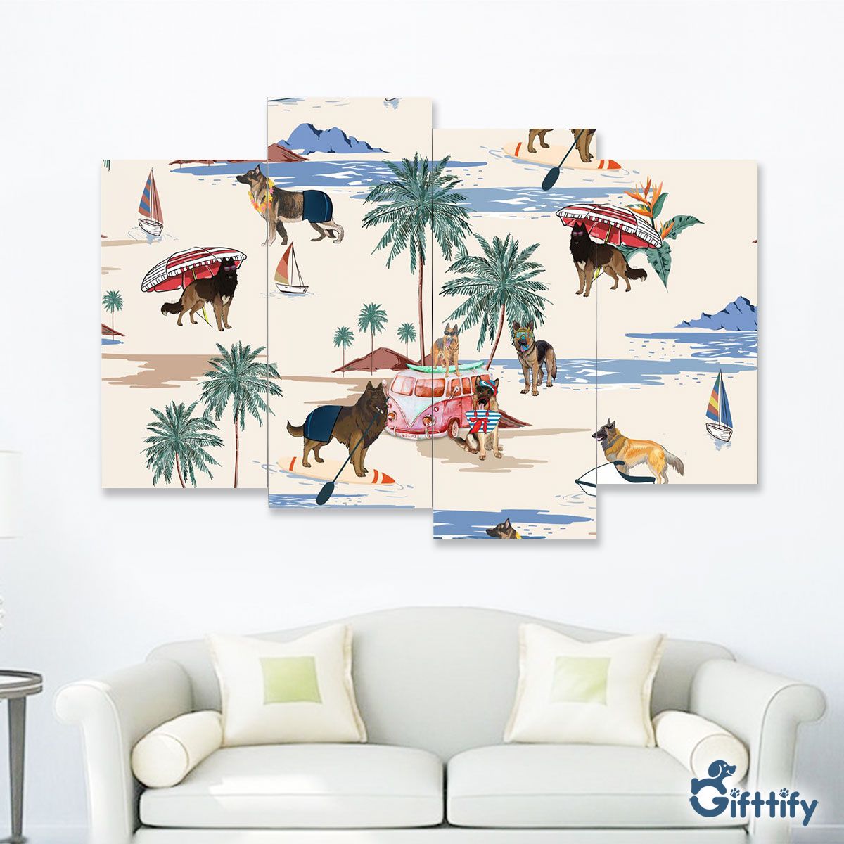 Tervuren Four-Piece Framed Mural - Dog Beach, Boating, Relaxing, Sunbathing, Snorkeling, Summer Beach Vacation Four-Piece Framed Mural