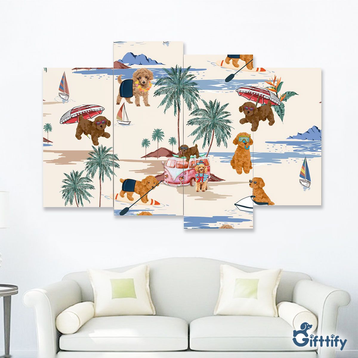 Toy Poodle Four-Piece Framed Mural - Dog Beach, Boating, Relaxing, Sunbathing, Snorkeling, Summer Beach Vacation Four-Piece Framed Mural