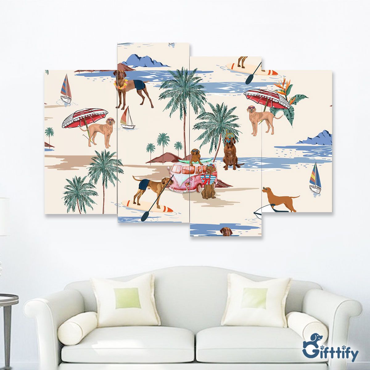 Vizsla Four-Piece Framed Mural - Dog Beach, Boating, Relaxing, Sunbathing, Snorkeling, Summer Beach Vacation Four-Piece Framed Mural