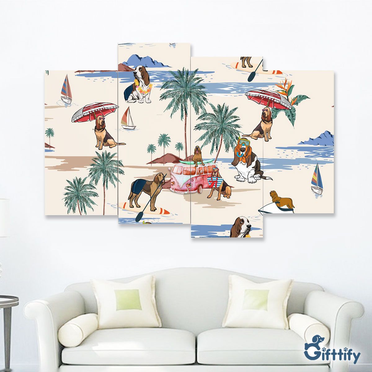 bloodhound Four-Piece Framed Mural - Dog Beach, Boating, Relaxing, Sunbathing, Snorkeling, Summer Beach Vacation Four-Piece Framed Mural