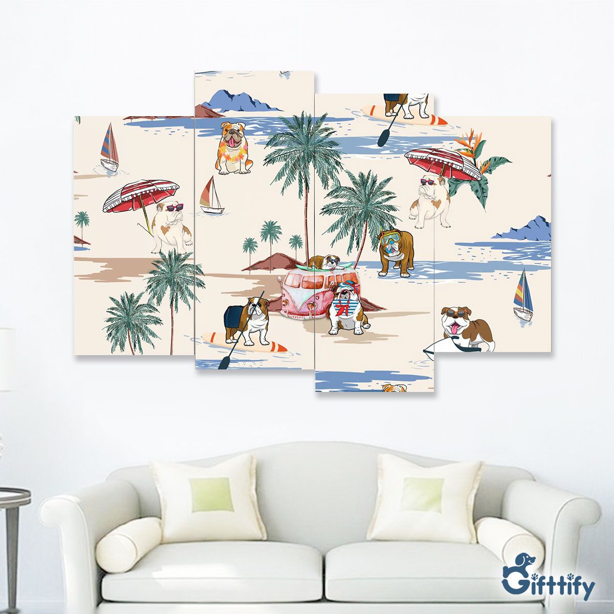 bulldog Four-Piece Framed Mural - Dog Beach, Boating, Relaxing, Sunbathing, Snorkeling, Summer Beach Vacation Four-Piece Framed Mural