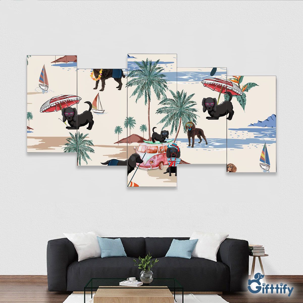 American Water Spaniel Framed Five-Piece Mural - Dog Beach, Boating, Relaxing, Sunbathing, Snorkeling, Summer Beach Vacation Framed Five-Piece Mural