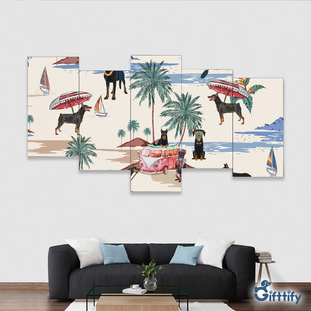 BEAUCERON Framed Five-Piece Mural - Dog Beach, Boating, Relaxing, Sunbathing, Snorkeling, Summer Beach Vacation Framed Five-Piece Mural